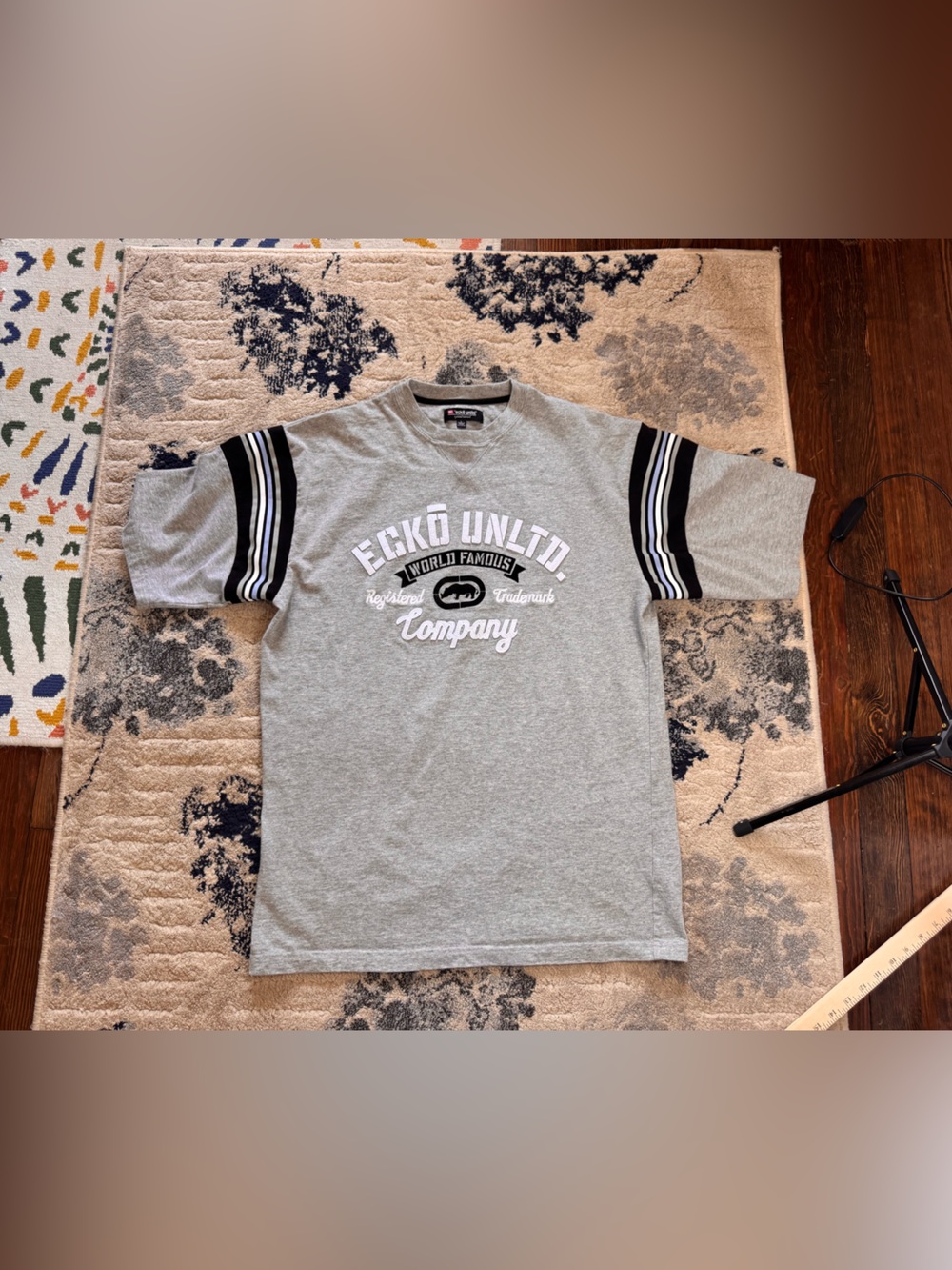 Ecko Unltd Grey T-Shirt with Black and White Sleeve Stripes